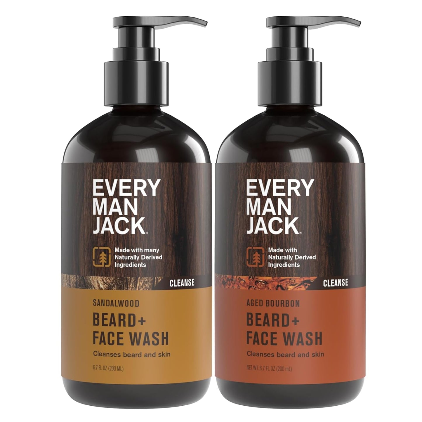 Every Man Jack Beard + Face Wash - Sandalwood & Aged Bourbon Bundle - Cleans & Softens Your Beard and Skin - Naturally Derived w/Aloe and Glycerin- 6.7 fl oz - 2 Pack