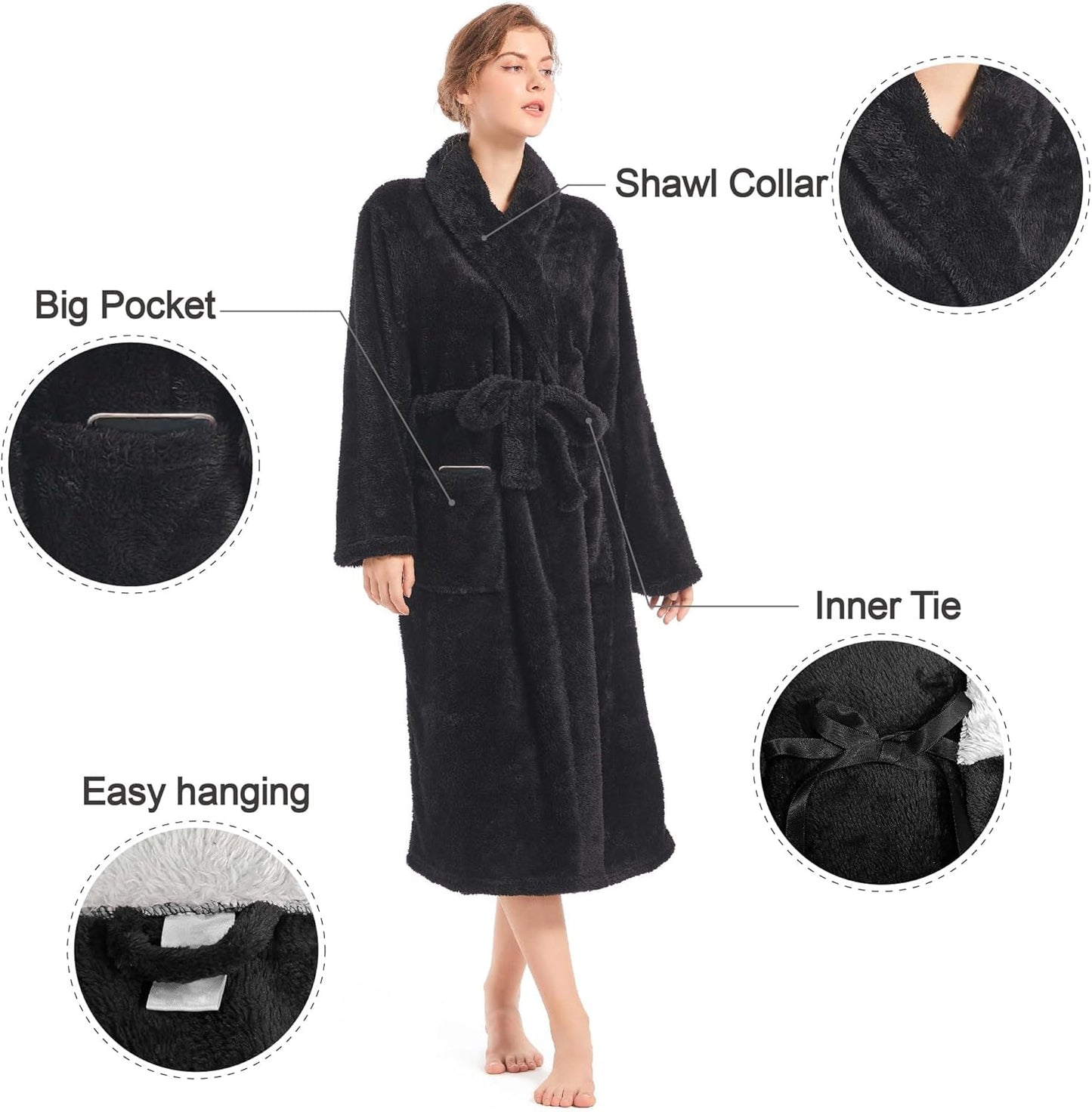 Inner Wish Womens Plush Fleece Robe, Cozy Warm Bathrobe Fuzzy Female Spa Robe With Pockets