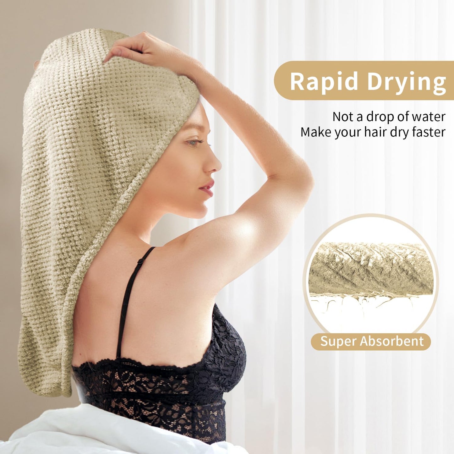 3 Pack Microfiber Hair Towel Wrap for Women 25.4" x 9.8", Super Absorbent Quick Dry Towels with Button for Curly Wet Hair Anti Frizz (Camel,Green,Gray)