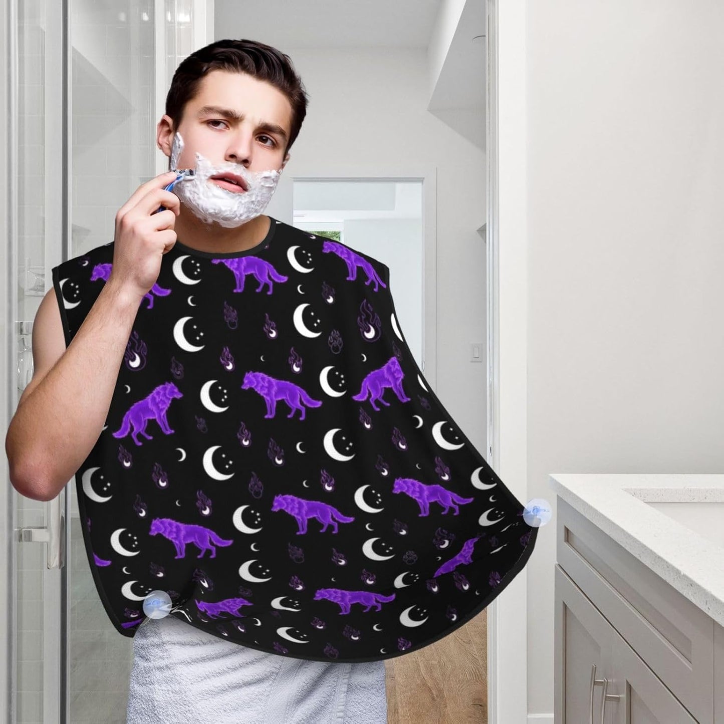 Beard Hair Catcher Bib, Waterproof Non-Stick Grooming Apron for Shaving Trimming, Perfect for Men Dad, Mystical Goth Fire Dark Purple Galaxy Foxes Moon Black Shave Bib