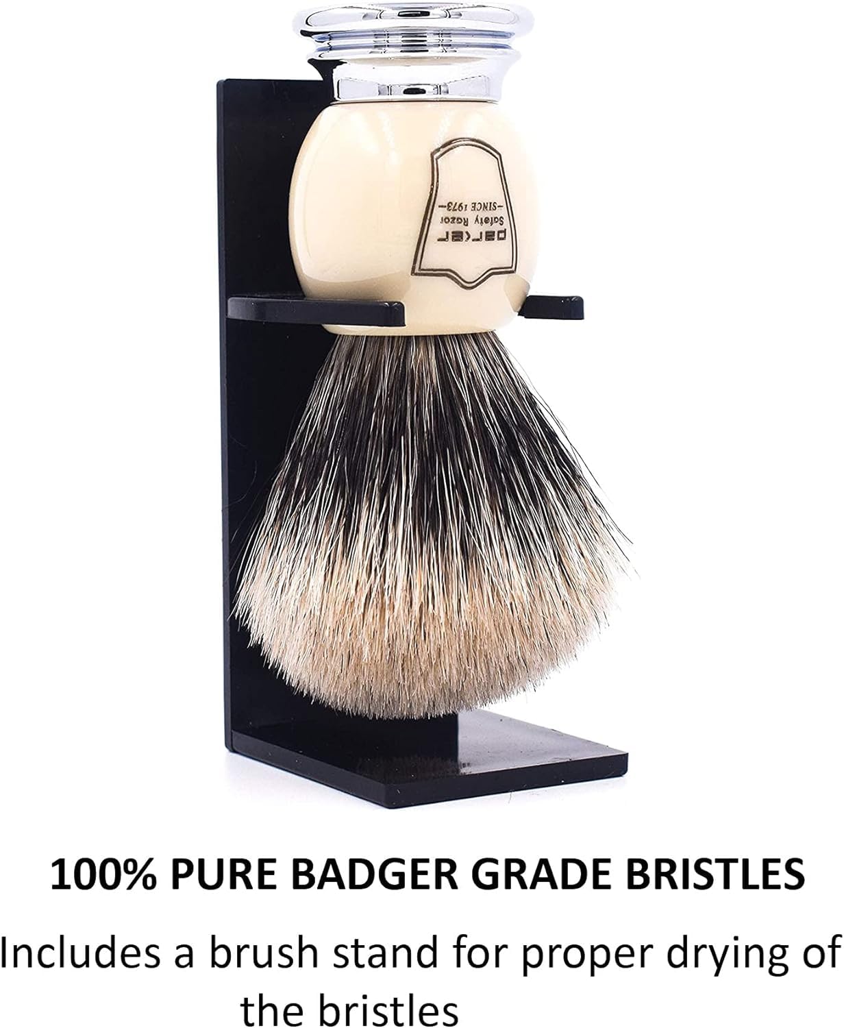 Parker Pure Badger Shaving Brush with Faux Ivory & Chrome Handle + Stand | 22mm Knot for Rich Lather | Handcrafted Shaving Tool for Cream or Soap | Classic Wet Shaving Brush | Iconic Brand