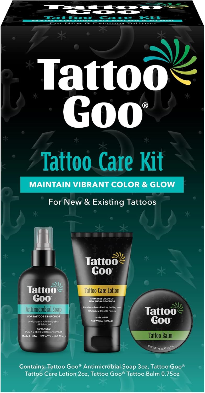 Tattoo Goo Aftercare Kit Includes Antimicrobial Soap, Balm, and Lotion, Tattoo Care for Color Enhancement + Quick Healing - Cruelty-Free, Petroleum-Free, Tattoo Artist Gifts (3 Piece Set)