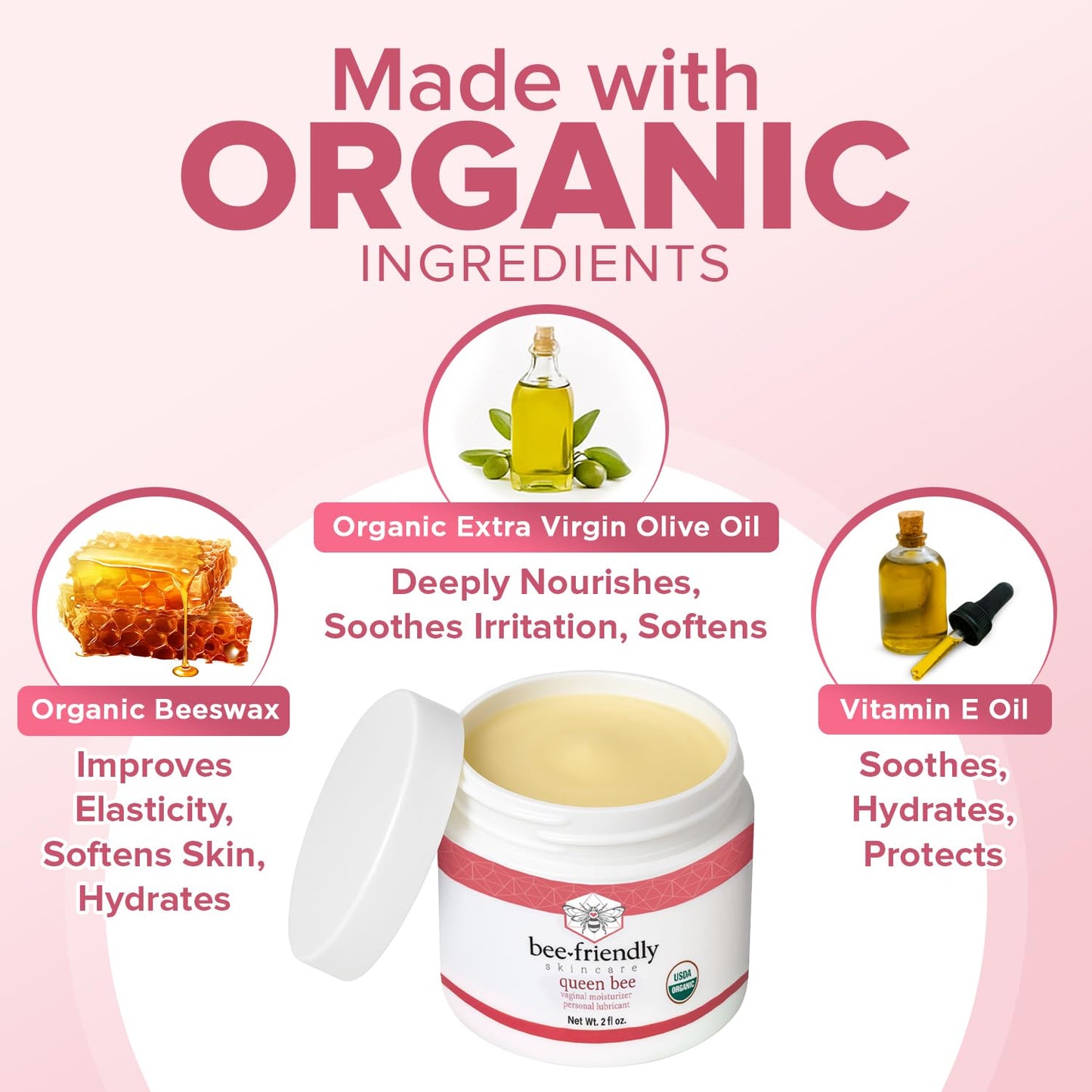 BeeFriendly Organic Vaginal Moisturizer, USDA Certified, Natural Vulva Cream For Dryness, Itching, Irritation, Redness, Chafing Of Vagina Due To Menopause & Thinning 2 oz