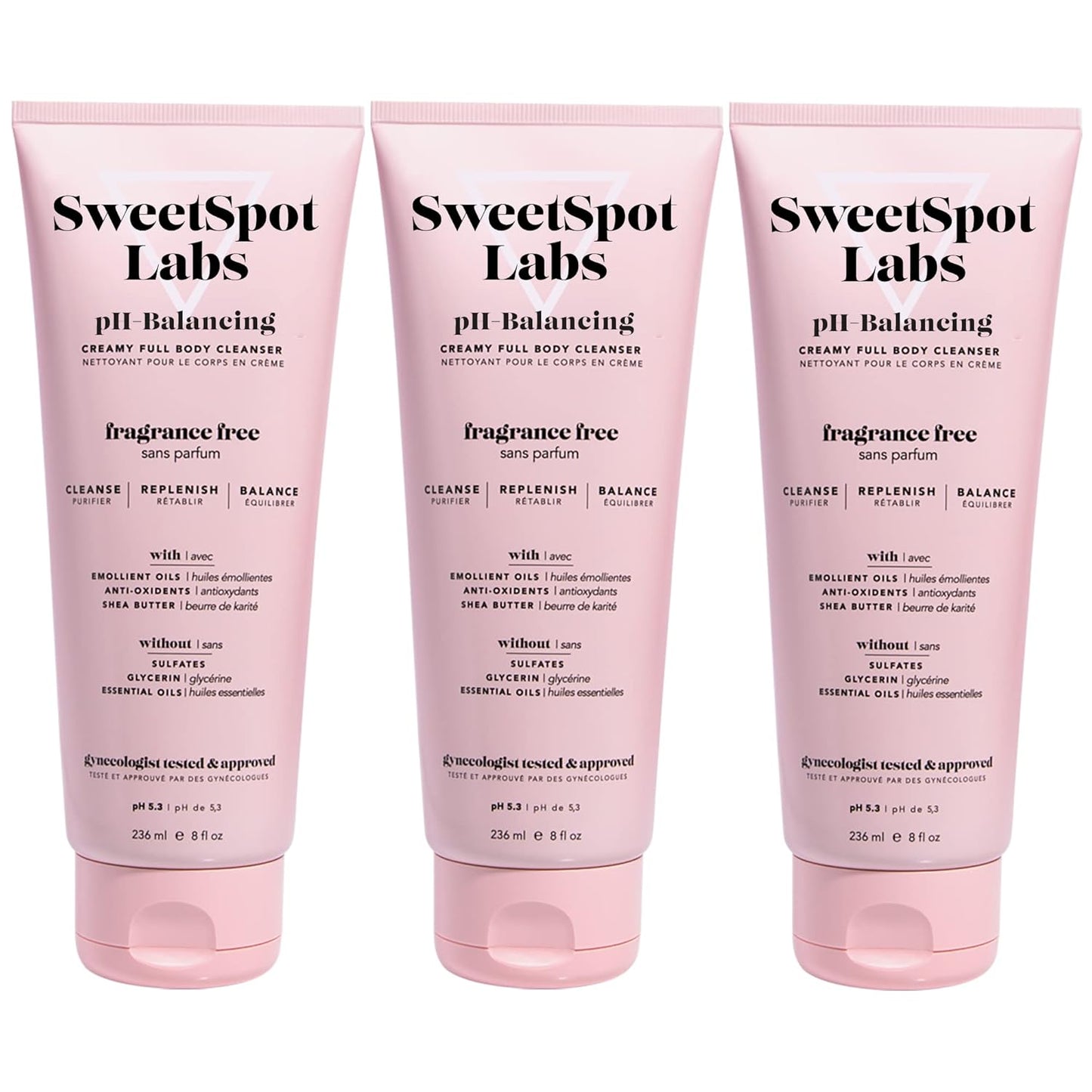SweetSpot Labs pH Balanced Wash for Sensitive Skin, Sulfate Free, Clean, Gynecologist Tested & Approved, Unscented Body Wash, 8 oz (Pack of 3)