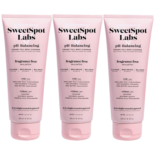 SweetSpot Labs pH Balanced Wash for Sensitive Skin, Sulfate Free, Clean, Gynecologist Tested & Approved, Unscented Body Wash, 8 oz (Pack of 3)