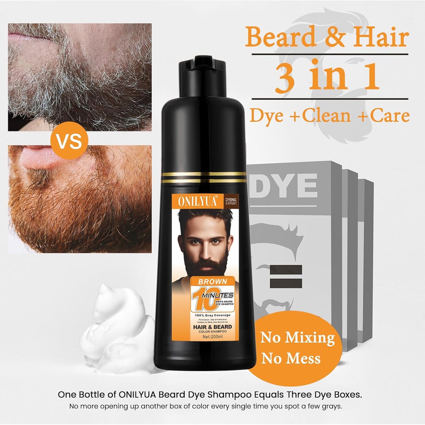 Men's Beard Dye, Brown Beard Dye Shampoo for Gray Hair Coverage, Root Touch Up, 3 in 1 Simpler Hair Color for Men, Long Lasting Hair Dye Shampoo for Beard & Mustache, 200 ml
