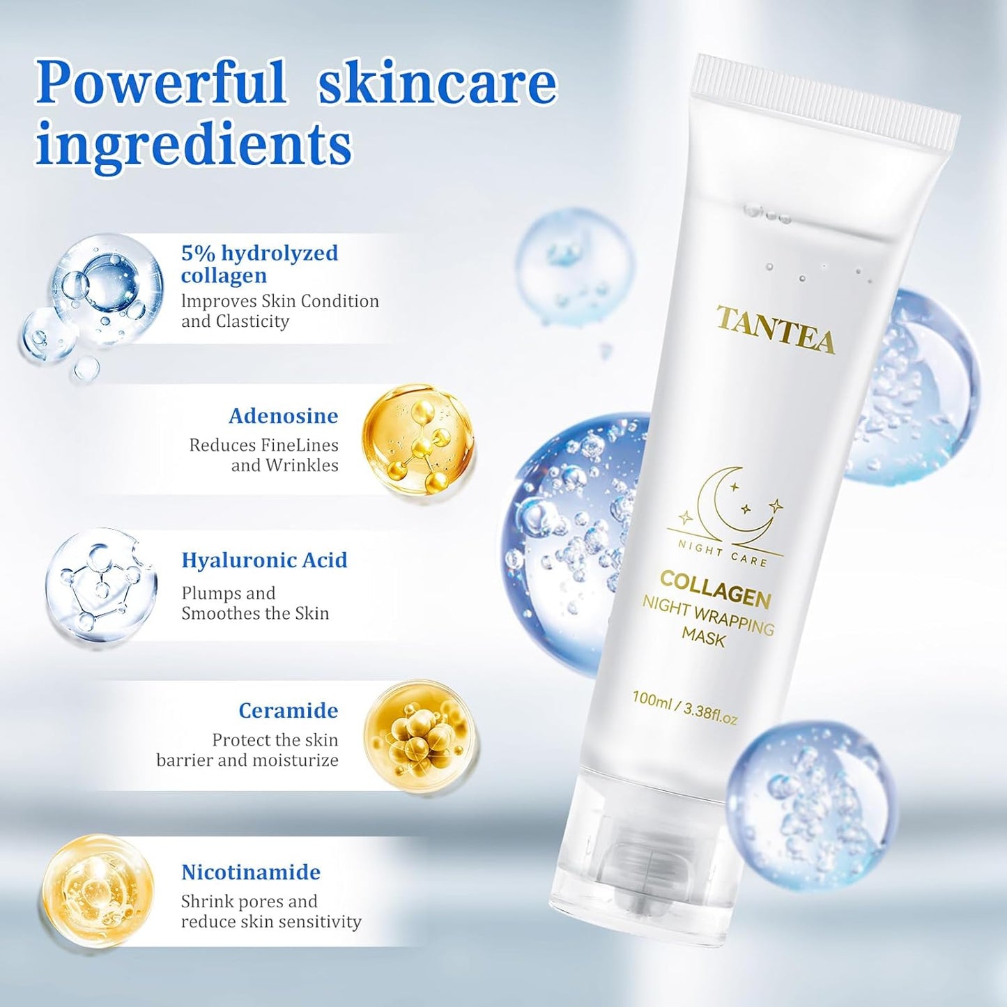 Collagen Night Wrapping Mask - Hydrating & Firming Overnight Face Mask for Pore Refinement, and Elasticity Boost - Gentle for All Skin Types - 100ml / 3.38fl oz