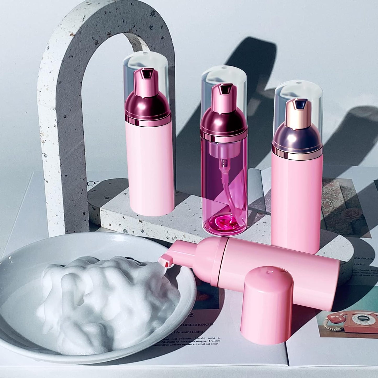 Lil Ray 2 Oz Empty Pink Foam Pump Bottle, Travel Foamer Soap Dispenser for Lash Shampoo, Hand Soap, Foaming Cleaner(Rose Gold Pump, 12 PCS)