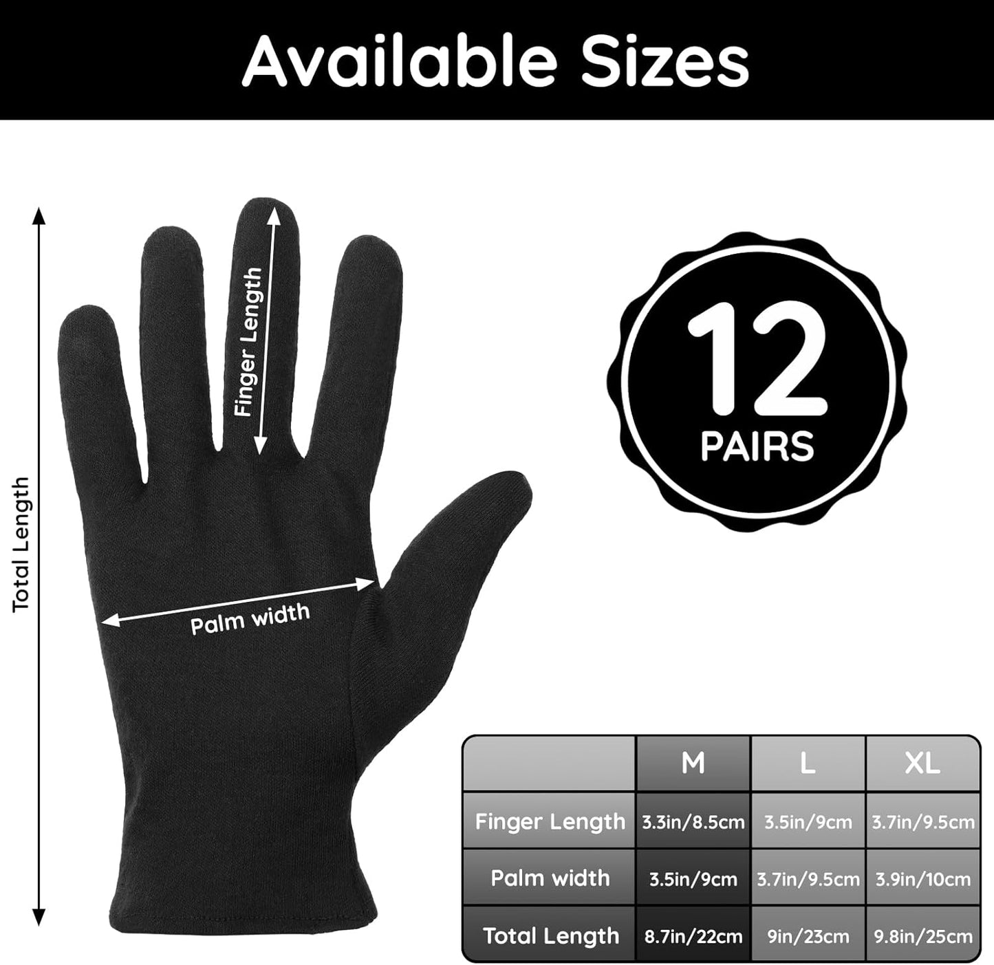 Segbeauty 24 Counts Black Cotton Gloves for Women, 12 Pairs Moisturizing Gloves for Sleeping, Work Cotton Glove for Dry Hands Overnight, Sleep Spa Reusable Lotion Glove Liners for Arts Driving Medium