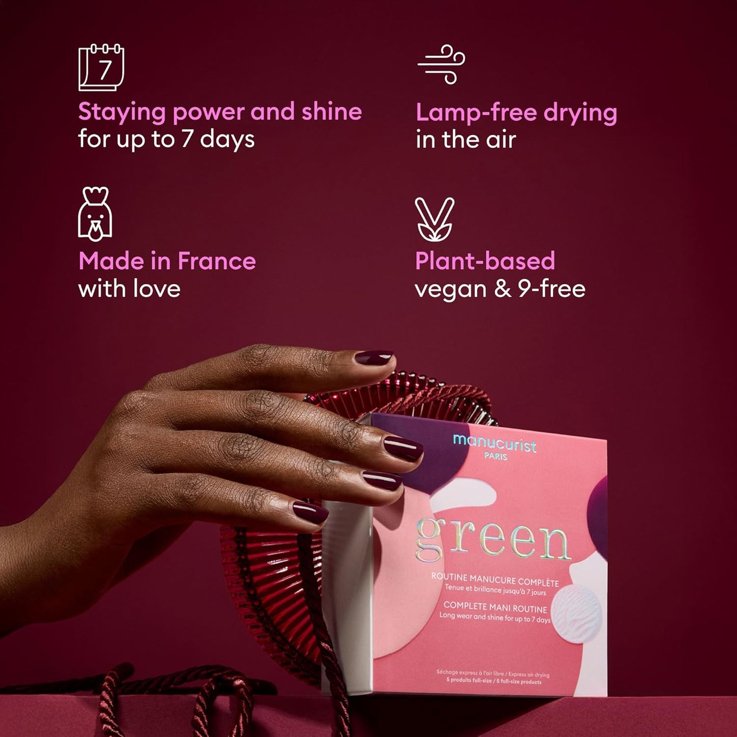 Manucurist Green™ System Holiday Gift Set with Plum - Professional Vegan Plant-Based Manicure Kit: 1 Degreaser, 1 Base Coat, 1 Nail Polish Dark Wine, 1 Top Coat, Dried Drops- Christmas Gifts for Women