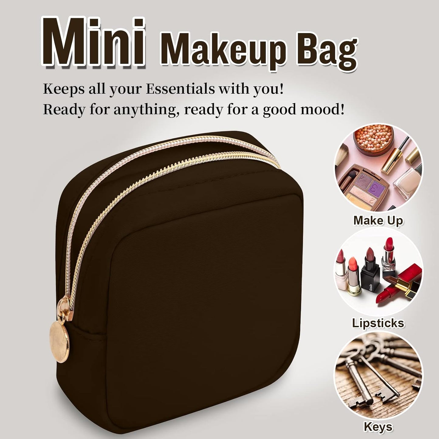 Nylon Mini Makeup Bag for Purse, Preppy Small Cute Makeup Bag Cosmetic Zipper Pouch Purse, Waterproof Travel Coin Pouch Sanitary Napkin Storage Bag Clutch Makeup Organizer Pouch for Women(Brown)