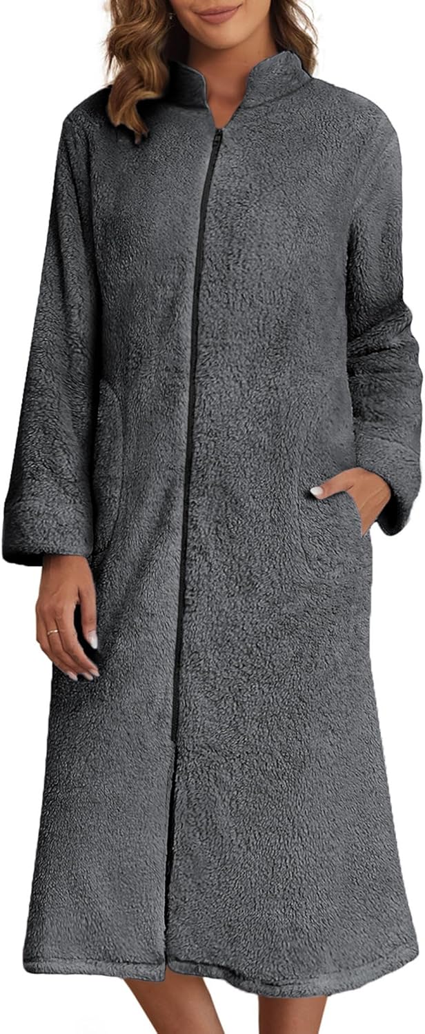 Ekouaer Women's Zip Up Robe Fleece Bathrobe Long Zipper Lounger Warm Housecoat Long Sleeve Nightgown with Pockets S-XXL