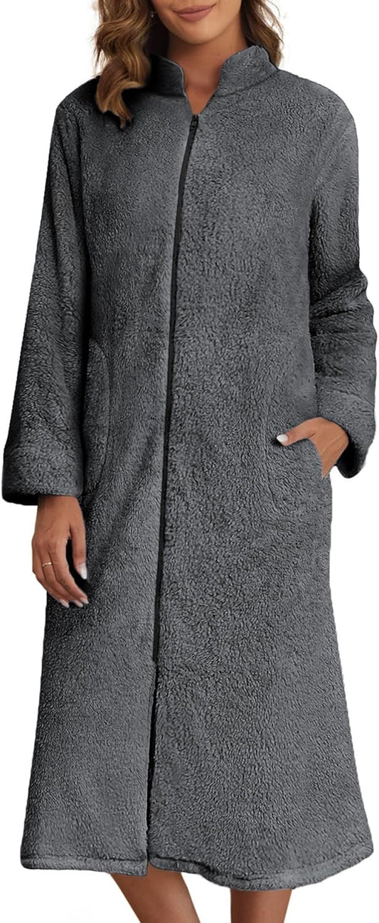 Ekouaer Women's Zip Up Robe Fleece Bathrobe Long Zipper Lounger Warm Housecoat Long Sleeve Nightgown with Pockets S-XXL