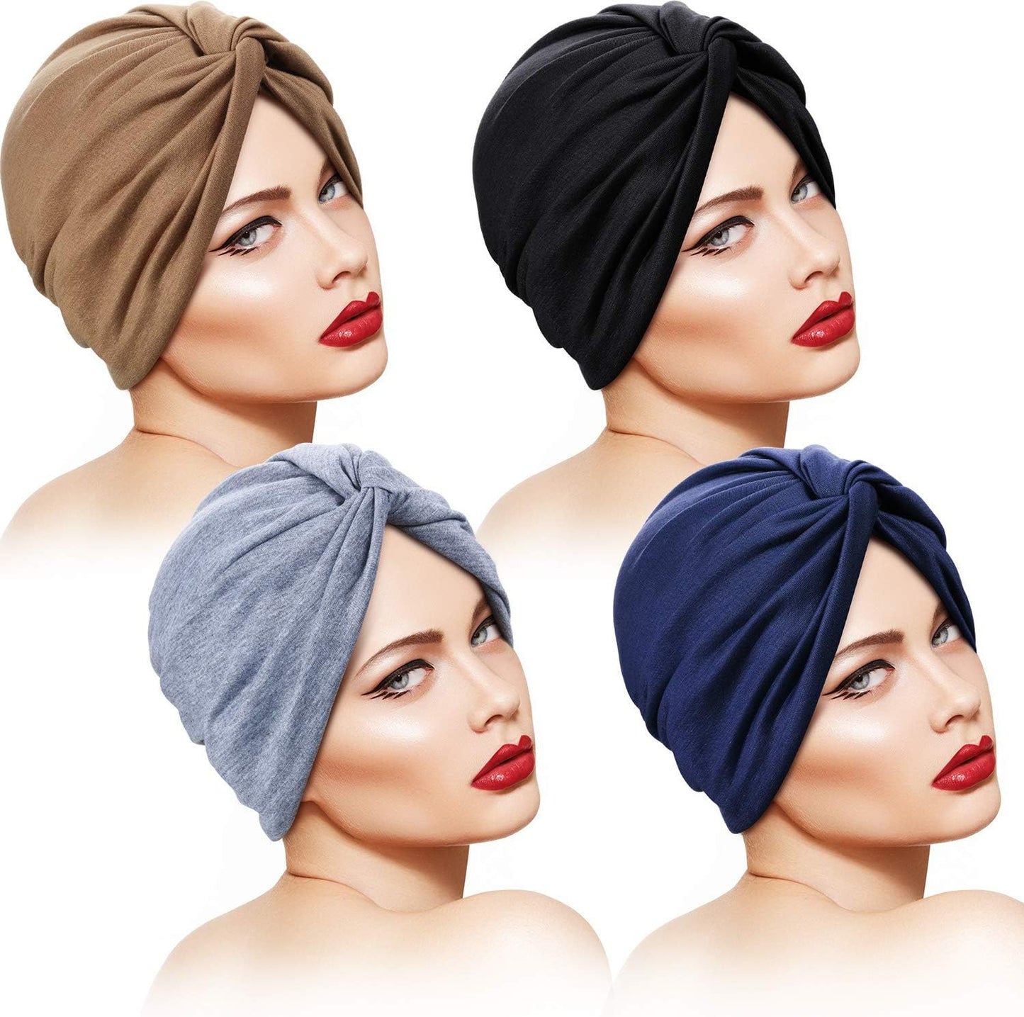 SATINIOR 4 Pieces Turbans for Women Soft Pre Tied Knot Fashion Pleated Cancer Turban Cap Chemo Headwrap Sleep Hat, 4 Colors