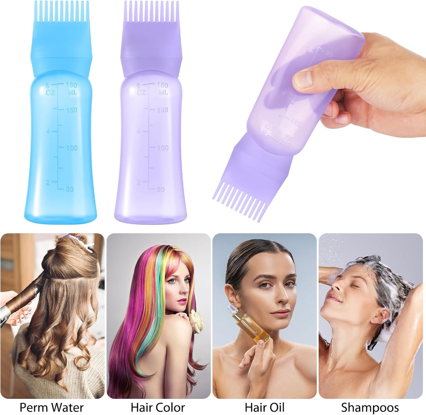 Root Comb Applicator Bottle 6 OZ, Hair Oil Applicator Bottles for Scalp with Massage Comb, 2 Pack Hair Dye Applicator with Graduated Scale (Purple, Blue)