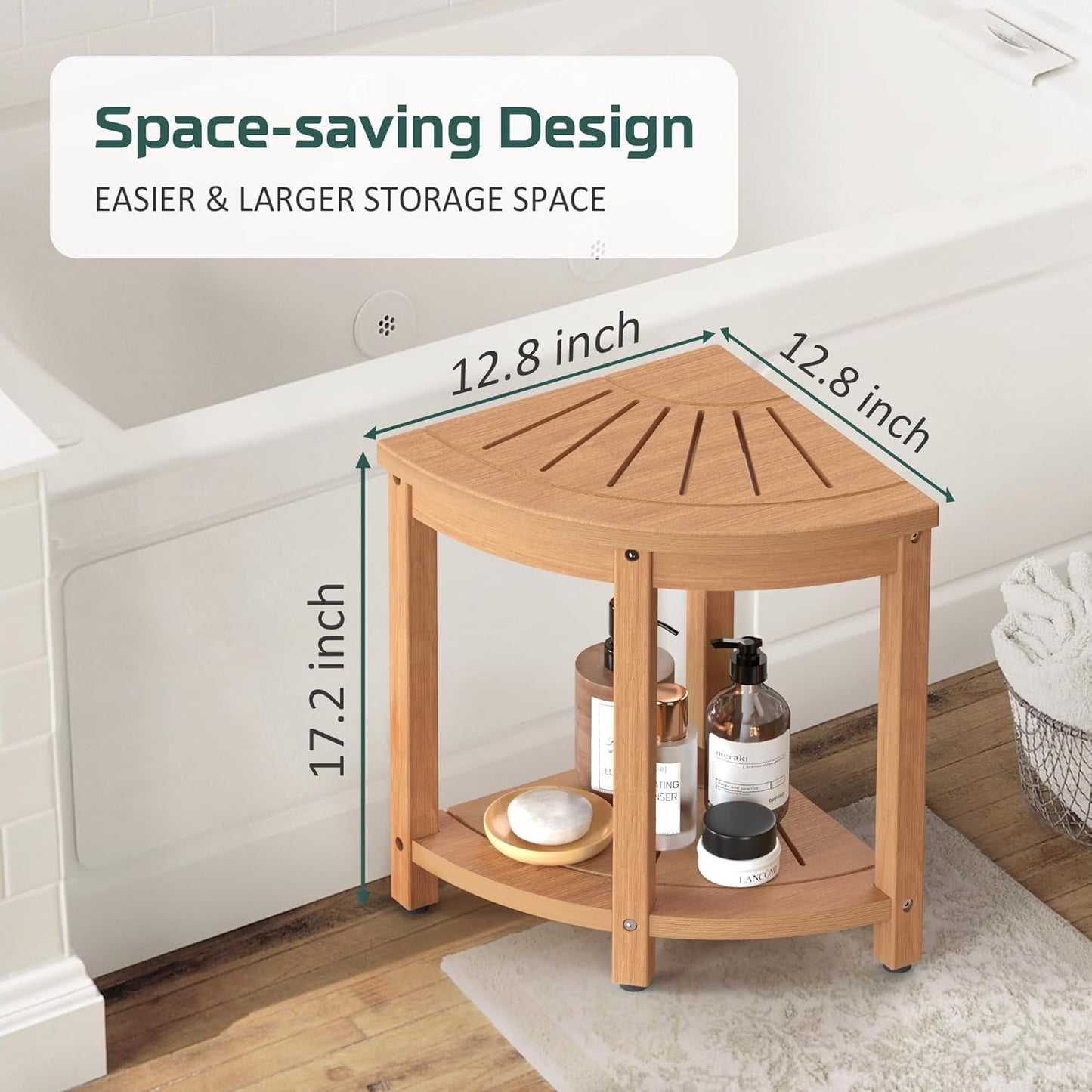 Corner Shower Stool for Inside Shower Waterproof, HIPS Poly Lumber Shower Bench Seat Chair, Bath Shower Stool for Shaving Legs Foot Rest with Adjustable & Non-Slip Feet, Load 400 lbs, Teak