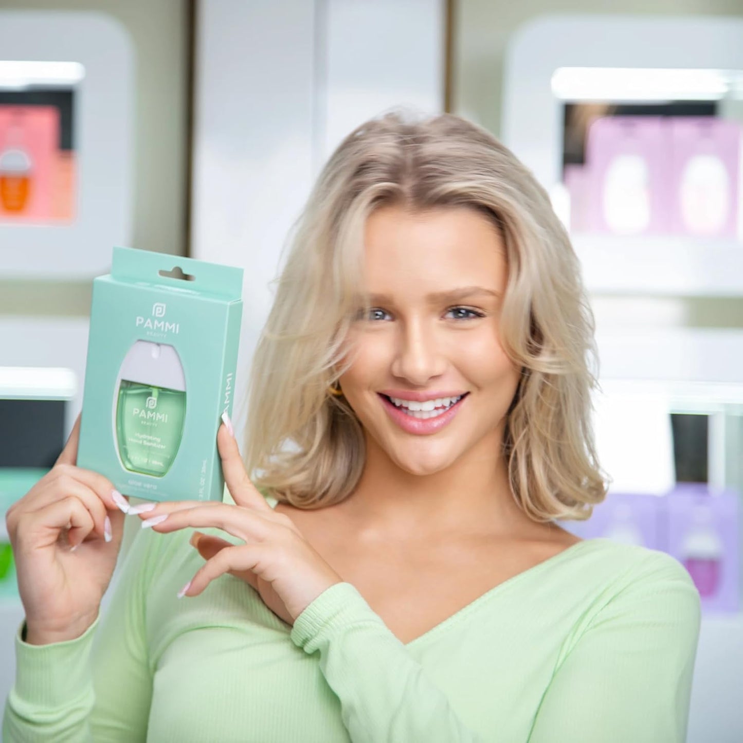 PAMMI Power Mist Hydrating Hand Sanitizer Spray, Portable Travel Size Pocket Hand Sanitizer, Scented Handsanitizer Mini Spray For Car - 600 Sprays (2 Pack (Aloevera, Peach))