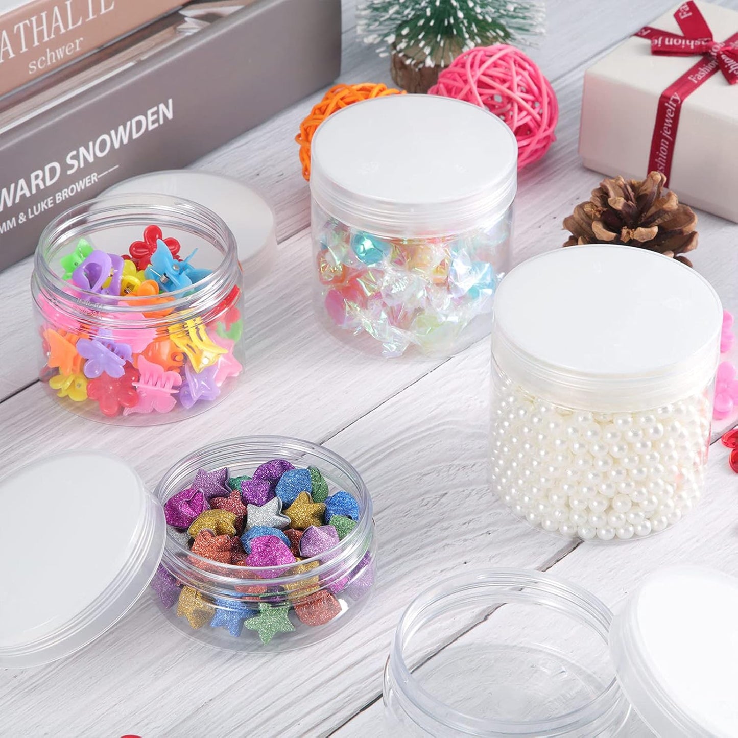 SATINIOR 12 Pack Plastic Container Jars with Lids Round Clear Travel Cosmetic Container Jars for Toiletries, Lotion, Cream, Ointments, Makeup, Rhinestone, Samples, Kitchen Storage (7 Ounce, Clear)