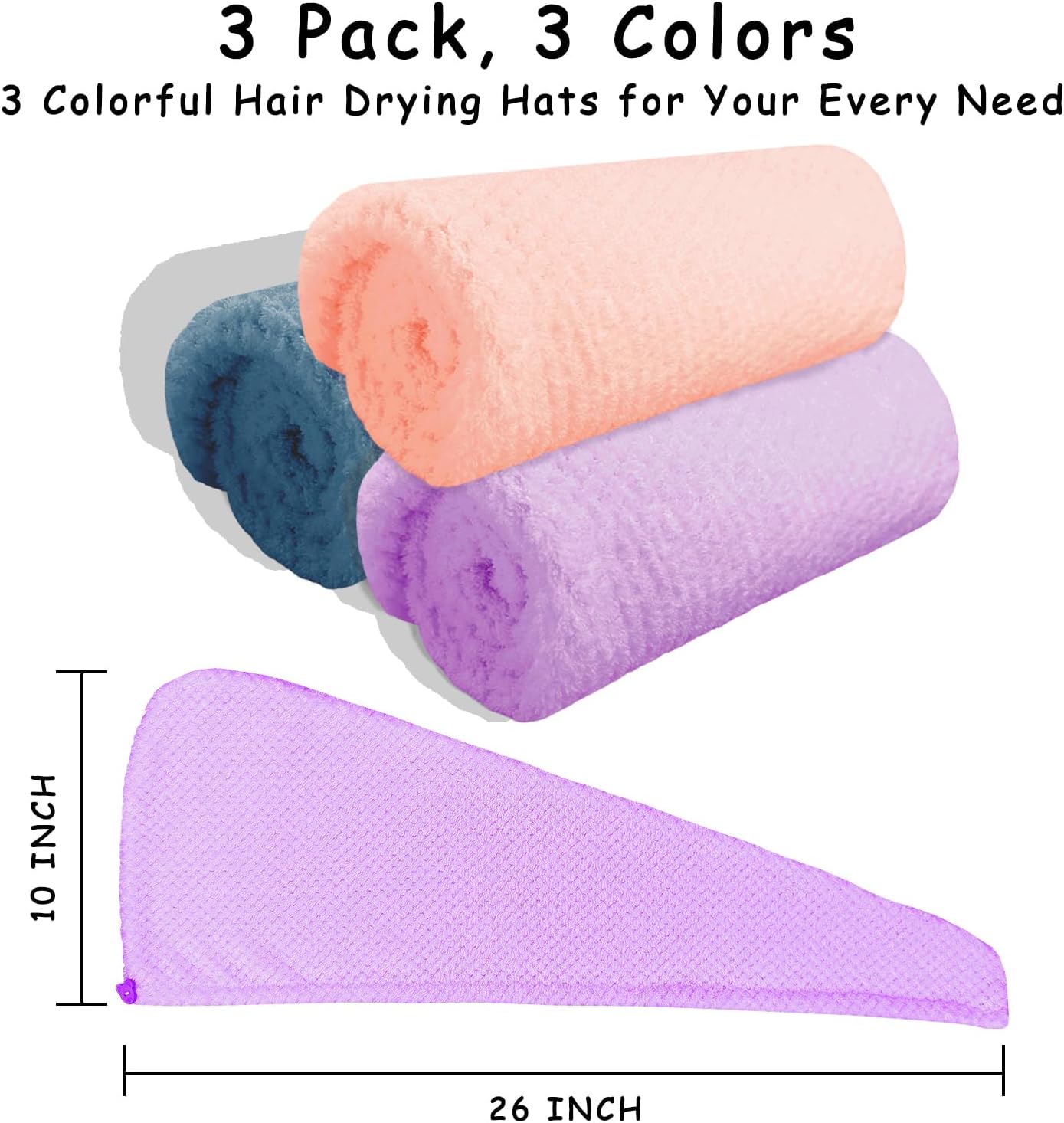 Microfiber Hair Towel Turban 3 Pack | Super Absorbent Quick Drying Hair Wrap for Women with Curly Hair | Anti Frizz Hair Towel Cap for Wet Hair(Bule,Purple,Orange)