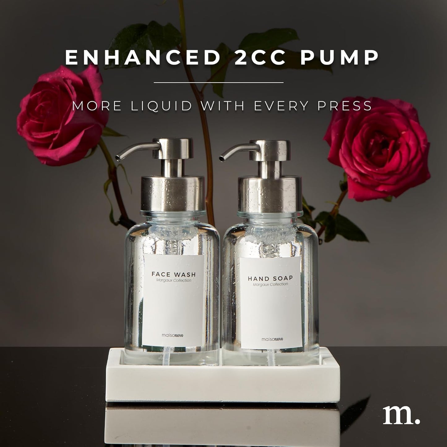 MaisoNovo Glass Foaming Soap Dispenser 14 Oz | Clear Glass Silver Pumps x 2 with Tray