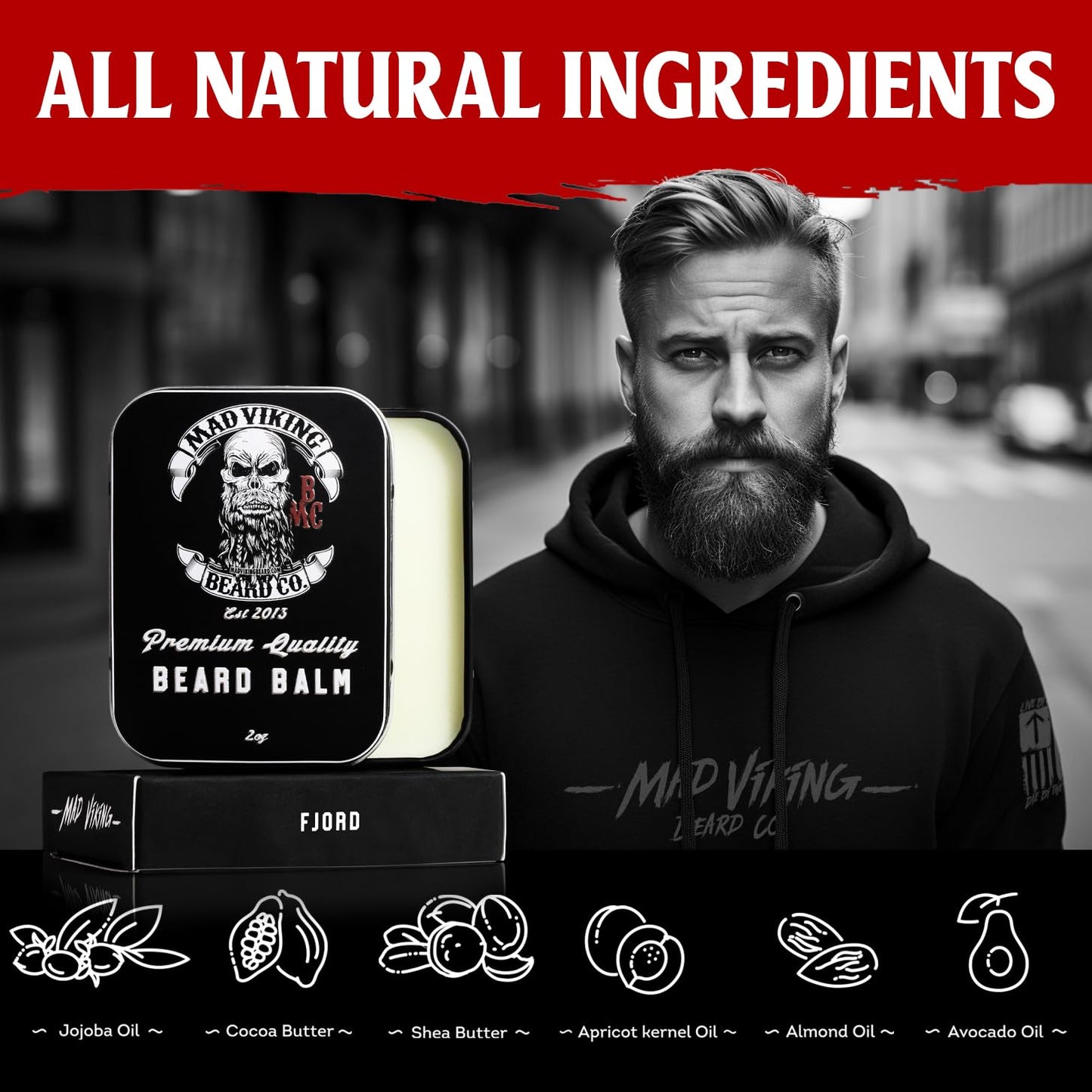 Mad Viking Fjord Beard Balm – Non-Greasy Balm to Soften & Style with a Medium Hold - Made with Shea Butter, Beeswax & Premium Oils – Crisp Clean Citrus & Woodsy Scent, Made in the USA - 2oz