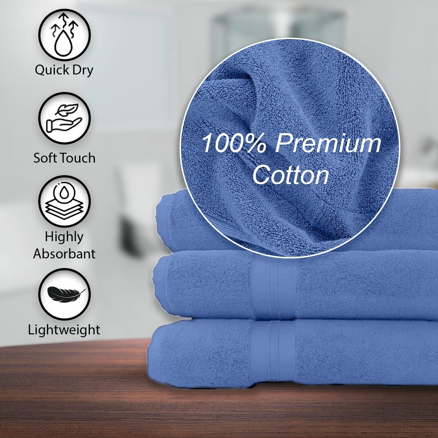 100% Cotton Bath Towels, 24x48 Pack of 6 Towels, Quick Dry, Highly Absorbent, Soft Feel Towel, Gym, Spa, Bathroom, Shower, Pool, Luxury Soft Towels (Blue, 24x48-6 Pack)