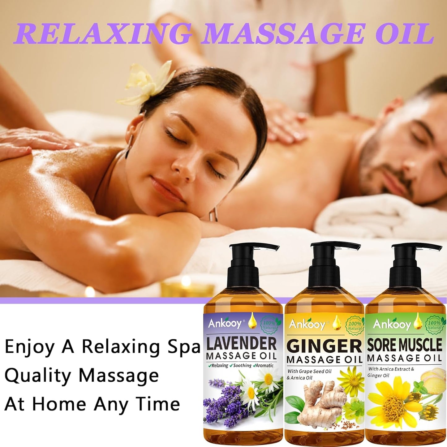3 Pack Massage Oil for Massage Therapy,Sore Muscle Arnica Oil & Relaxing Lavender Oil & Ginger Oil Lymphatic Drainage & Massage Ball,Spa Massage Kit Christmas Gifts Stocking Stuffers for Men Women