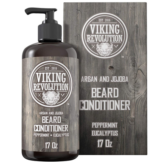 Viking Revolution Beard Conditioner w/Argan & Jojoba Oils - Softens & Strengthens - Natural Peppermint and Eucalyptus Scent- Beard Conditioner w/Beard Oil (17oz Conditioner)
