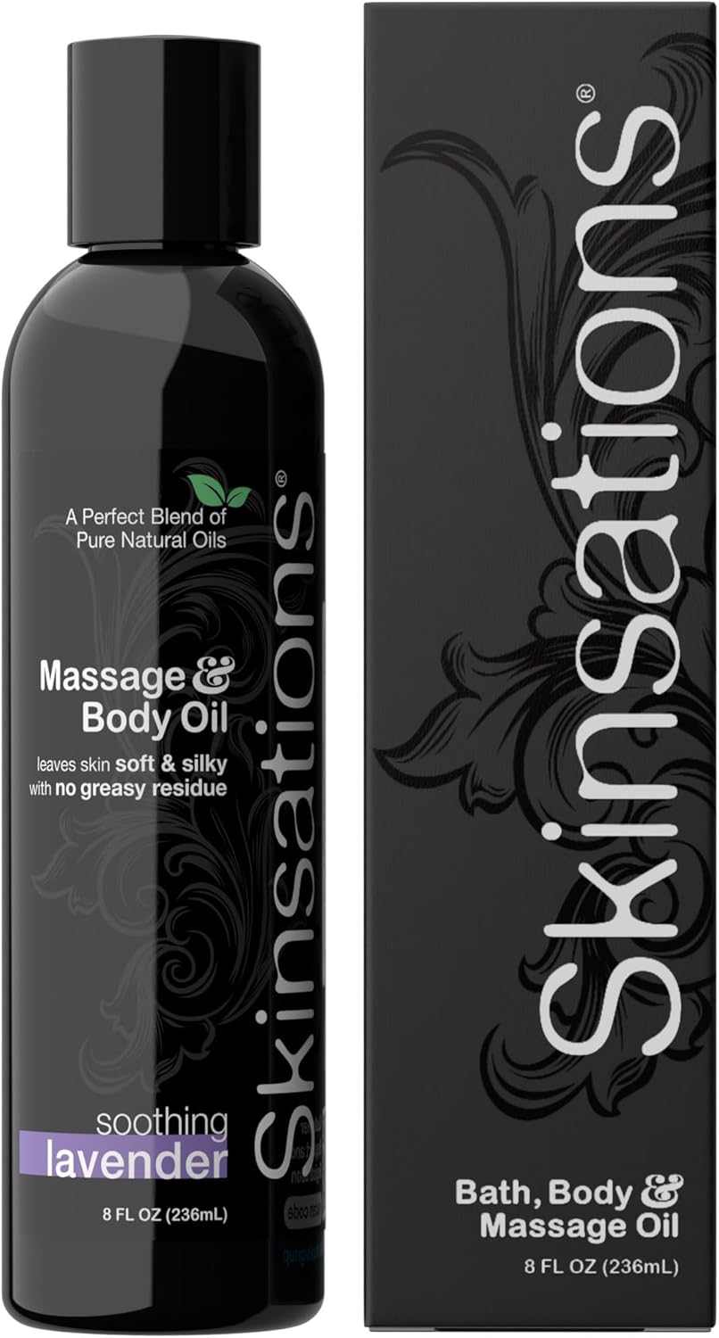 Skinsations - Lavender Massage Oil for Massage Therapy - 8oz | Body Oil for Stress Relief, Relaxation & Aromatherapy | Sweet Almond, Jojoba, Coconut & Grapeseed Oils