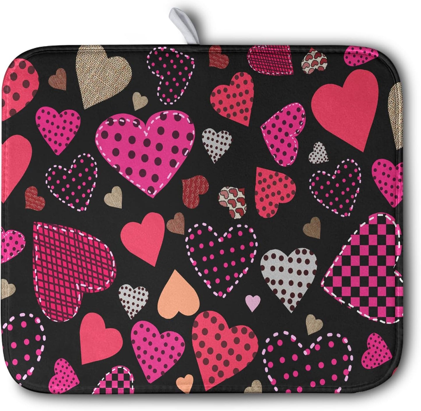 Valentine's Day Kitchen Drying Mats for Dishes 16x18 Inch Love Heart Dish Drying Mat Black Pink Polka Dots Dish Drainer Mat Super Absorbent Dish Rack Pad for Coffee Bar Sinks