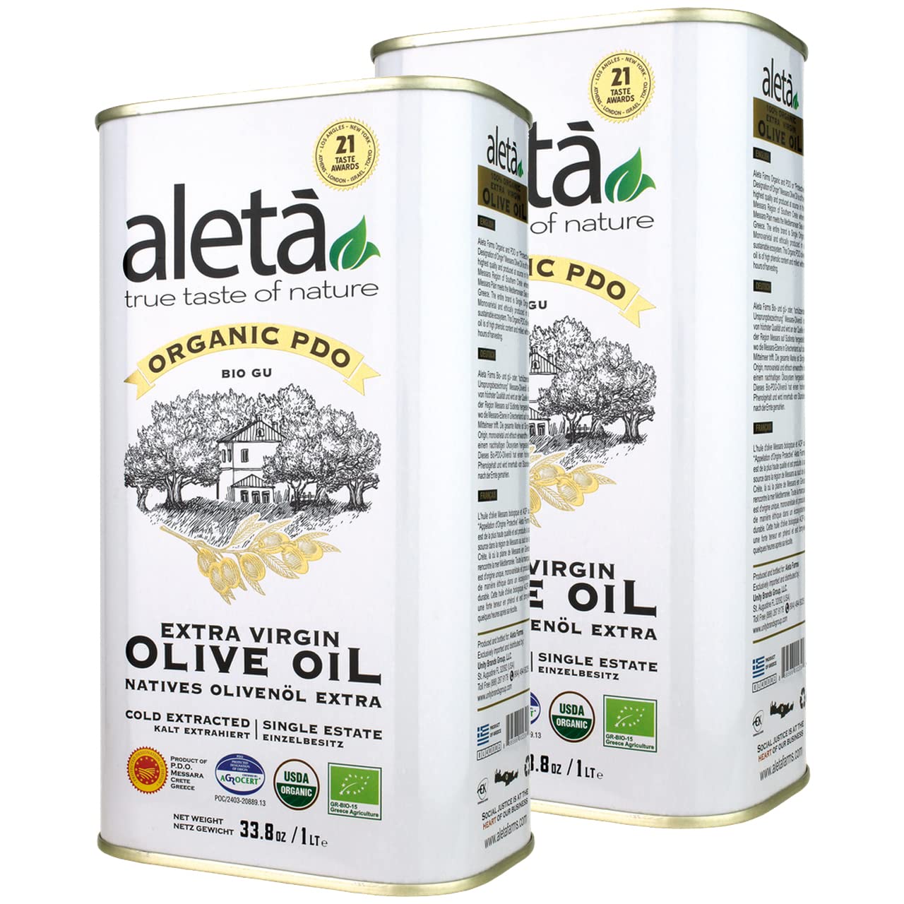 Aleta, Organic & PDO Extra Virgin Olive Oil, 2025 Gold Award, Certified Single Estate, Crete Greece, First-Cold Press, 1 Lt (33.8 oz.) Tin, Pack of 2