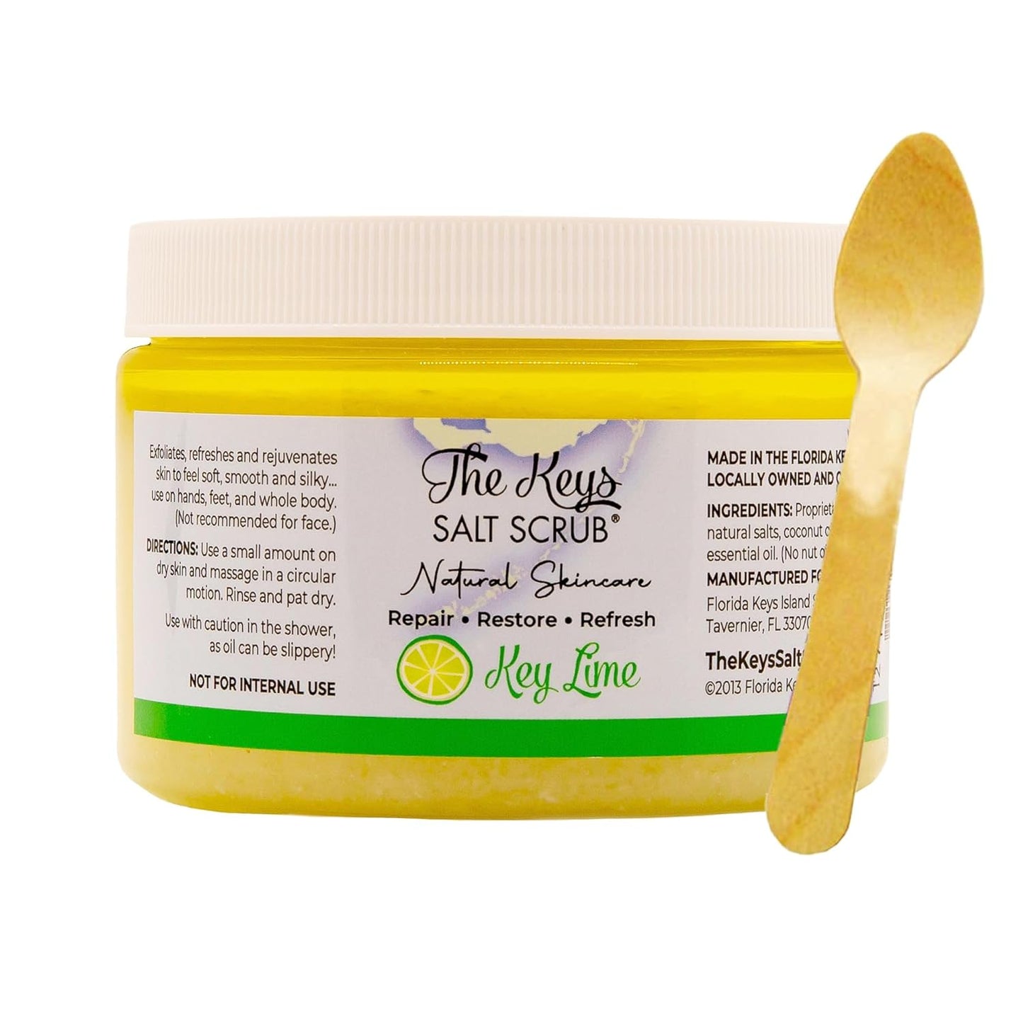 The Keys Salt Scrub -Sea Salt Scrub - Exfoliating Body Scrub with Wooden Spoon - Moisturizing Exfoliator for Hands, Foot, Bath, (12 Ounce (Pack of 1), Key Lime)