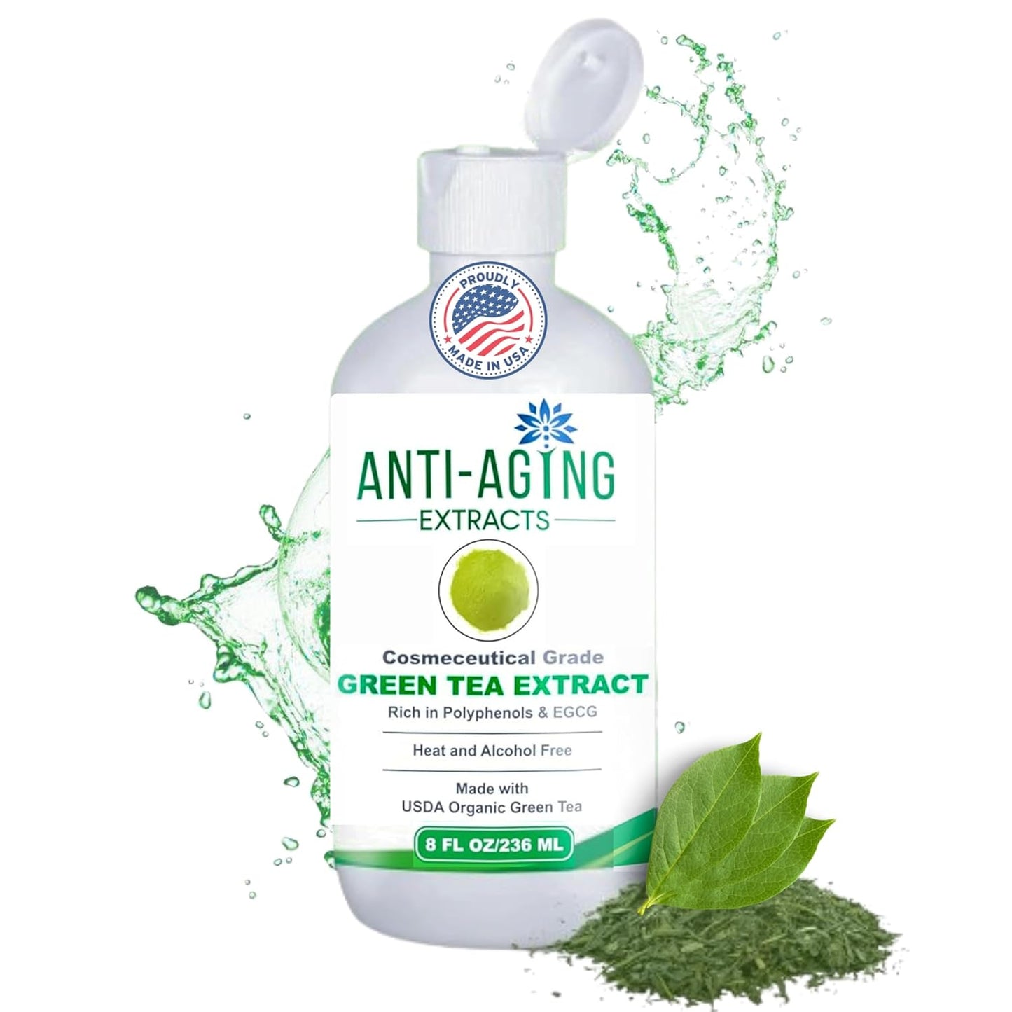 Pure Green Tea Extract for Skin and Hair – Cold-Processed Antioxidant, Polyphenol & EGCG Serum with USDA Organic Leaves – Natural - Alcohol-Free - 8 fl oz