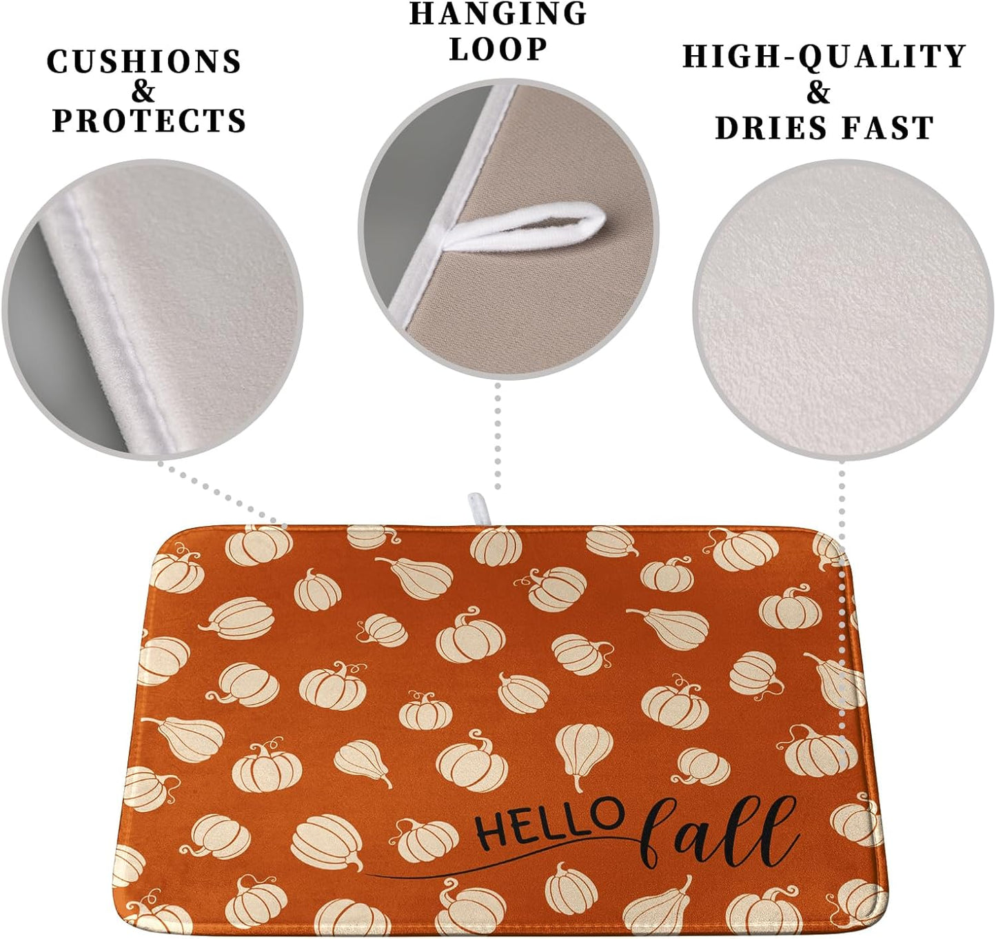 Hello Fall Drying Mat for Kitchen Counter Autumn Orange Pumpkin Dry Dish Mat Thanksgiving Absorbent Microfiber Dish Draining Washable Dish Drainer Rack Mat 16x18 Inch