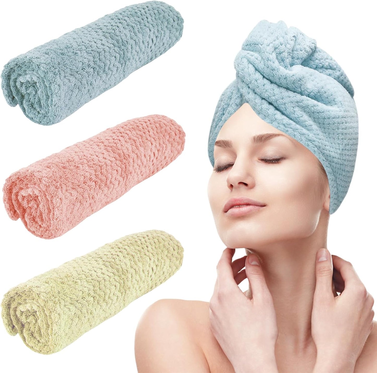 3 Pack Microfiber Hair Dring Towel Wrap for Women,Fast Drying Hair Turban, for All Hair Style Anti Frizz, Large Hair Towel with Button(Yellow Orange Blue)
