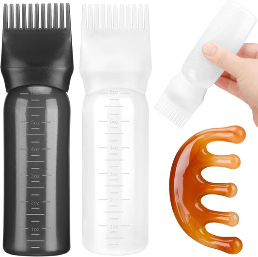 2 Pack Root Comb Applicator Bottle 6 OZ Hair Oil Applicator Bottle for Scalp with Massage Comb for Shampoo Scrubber Applicator,Hair Dye Tools(Black, white)