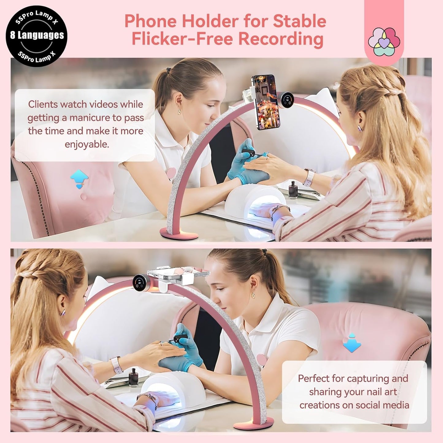 SAVILAND Half Moon Nail Light for Desk: Pink 48W 29In 8 Languages Display Screen Halfmoon Light with Phone Holder 3000-6000K Adjustable Aliminium 76 * 6 * 64cm Desk Light Nail Desk Lamp for Nail Art