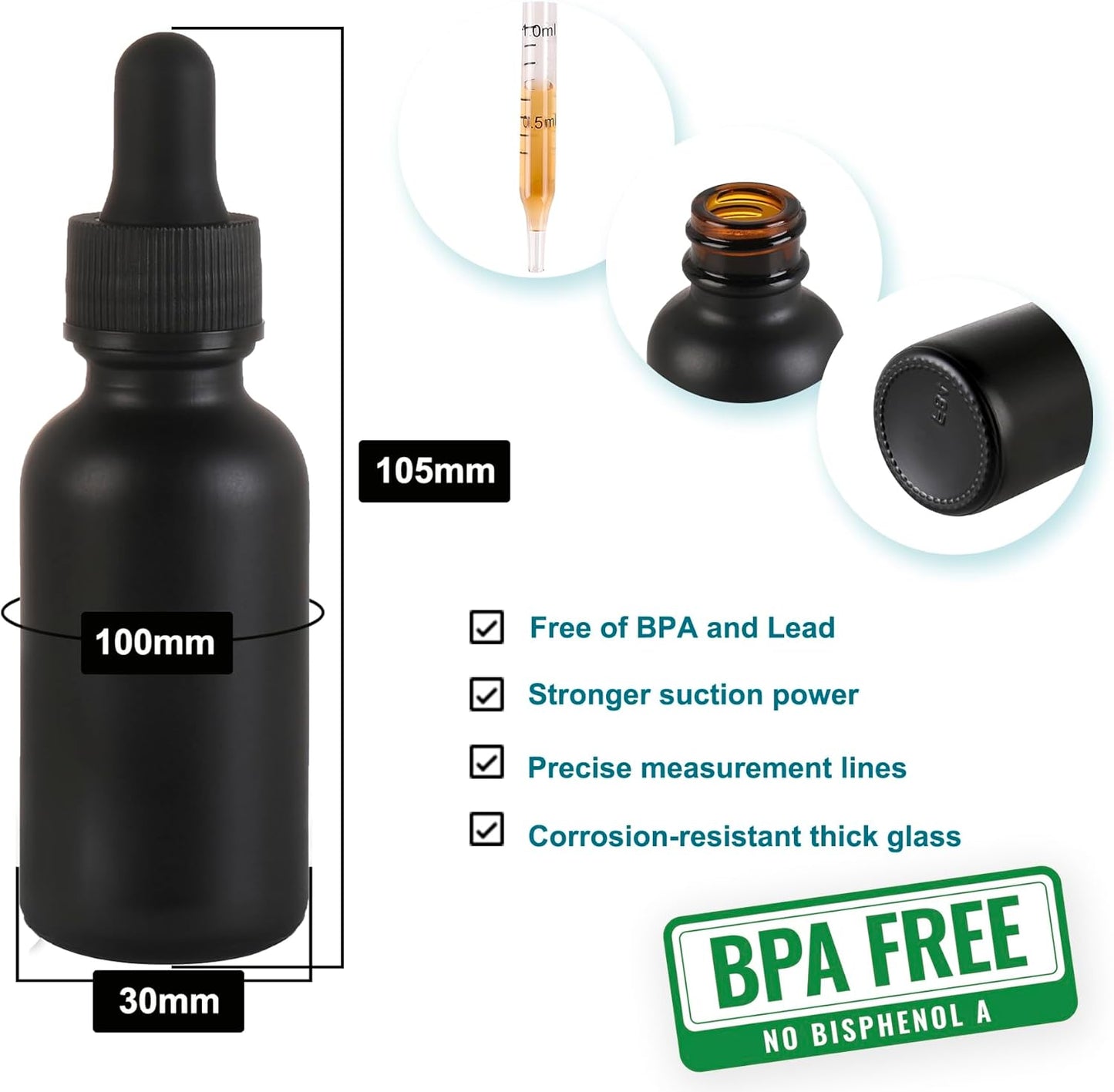 24 Pack,1oz Glass Dropper Bottle, Frosted Black Tincture Bottles with Dropper,Pretty Finish for All Kinds of Liquids,Oil Bottles for Hair- Stronger Suction ideal for Leakproof Travel