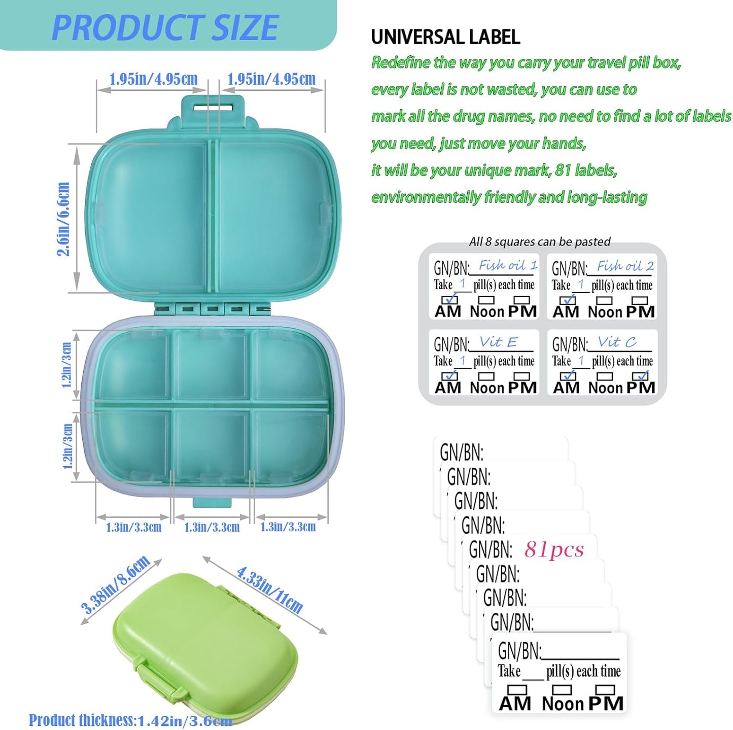 2-Pack 8-Compartment Travel Pill Organizer & Daily Pill Box | Leak-Proof Portable Medicine Container with 81 Replaceable Labels | Compact for Home, Office, Travel (Blue & Green)