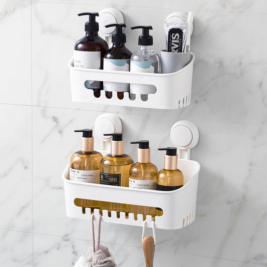 LEVERLOC Shower Caddy Suction Cup Shower Shelf Shower Basket Suction Pack of 2 One Second Installation Removable Powerful Suction Cup Bathroom Organizer Max Hold 22lbs Shower Storage Plastic