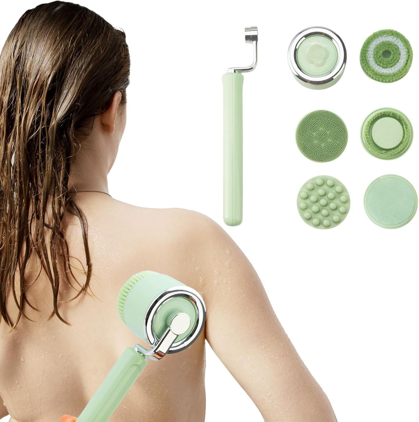 Bath Brush Electric Back Scrubber for Shower, Rechargeable Electric Body Brush with Detachable Long Handle with 5 Heads, Bath Brush with 3 Speeds for Exfoliating, Cleaning and Massaging