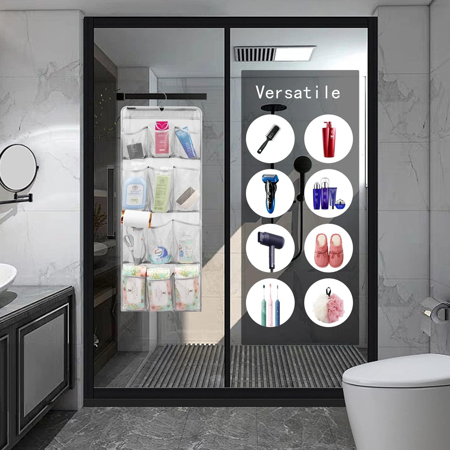 Mesh Shower Organizer Hanging Caddy Quick Dry Bathroom Storage for Toiletry Accessories with Rotating Hanger (12 Pockets)