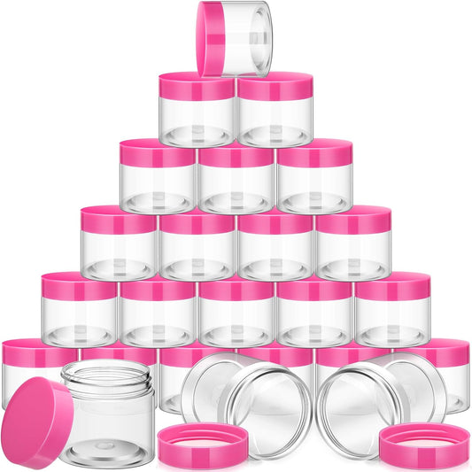 SATINIOR 12 Pack 2 oz Plastic Container Jars with Lids Round Clear Travel Cosmetic Container Slime Jars for Toiletries, Lotion, Cream, Ointments, Makeup, Rhinestone, Samples, Kitchen Storage(Pink)