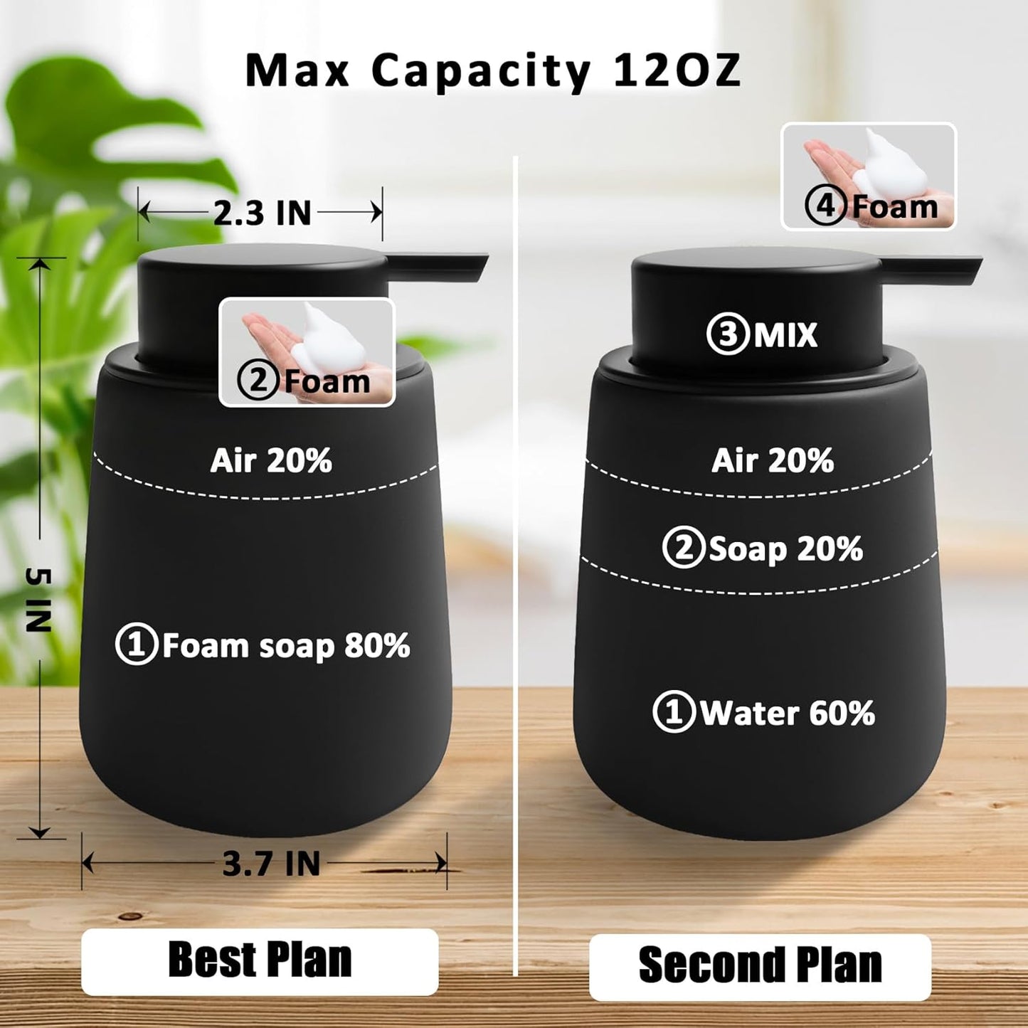 Soap Foaming Dispenser Ceramic with Easy-to-Press Pump Hand Foam Dispenser for Shampoo Bathroom Kitchen 12 oz