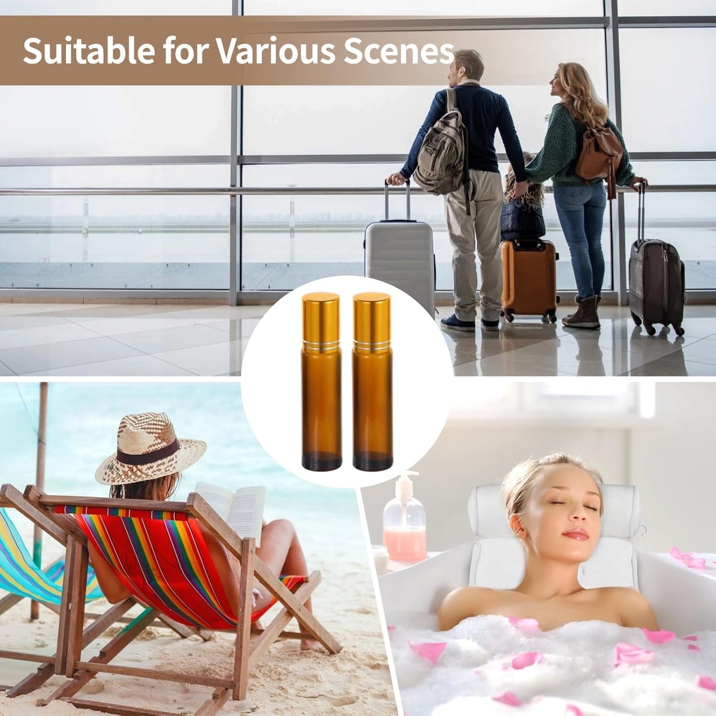 100 PCS 10 ml Amber Roller Bottles for Essential Oils - Empty Brown Glass Bottle, Refillable Roll on, Portable Travel Perfume Leakproof With Stainless Steel Ball