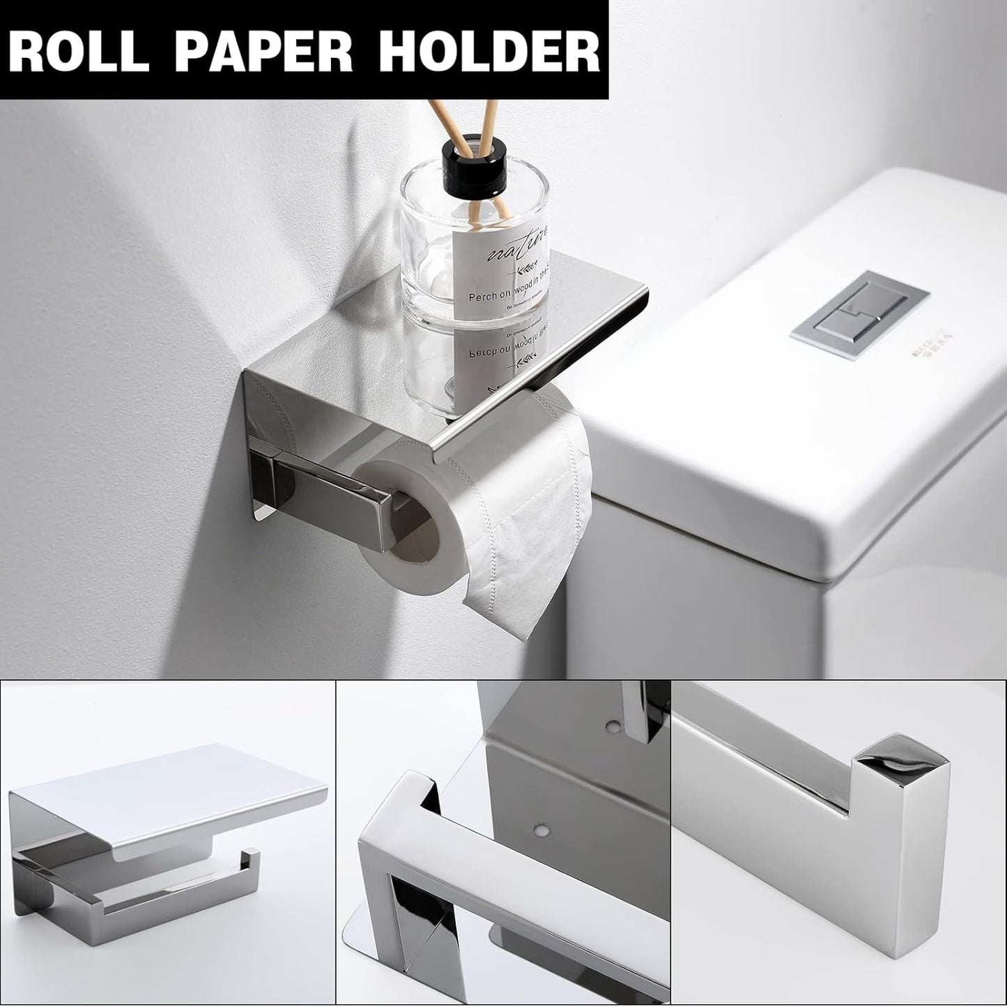 Bathroom Towel Bar Set Toilet Paper Holder with Shelf, Polished Chrome Bathroom Accessories Set, 23.6 Inch Towel Bar Towel Ring Towel Hook 5-Piece Bathroom Hardware Set