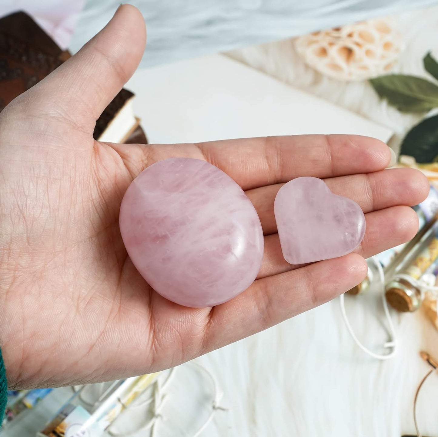 Crocon Rose Quartz Palm Stone (40 mm) & 1 Heart Stone feng Shui Healing Meditation Balance Chakra Reiki Charged Lovely Gift for her him Paperweight Centerpieces with Gift Box for Men Women.