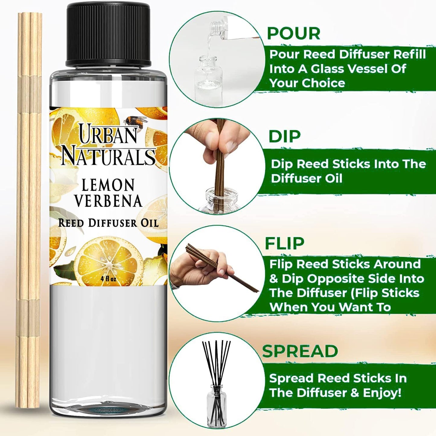 Urban Naturals Lemon Verbena Scented Oil Reed Diffuser Refill | Includes a Free Set of Reed Sticks, 4 oz (2 Pack)