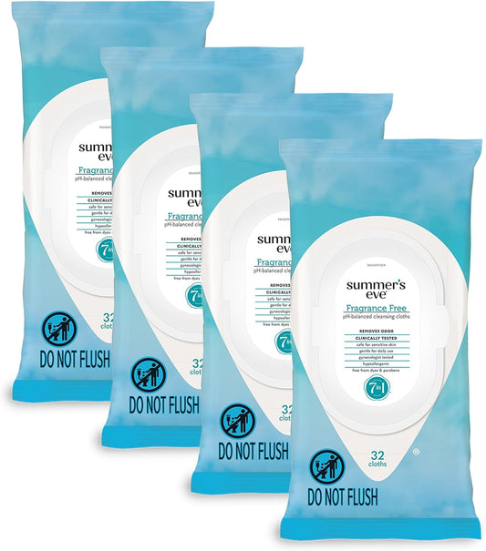 Summer's Eve Fragrance-Free Feminine Wipes, Gentle pH-Balanced Micellar Water Based Formula Helps Control Vaginal Odor, Resealable Packs, 32 Wipes, Pack of 4