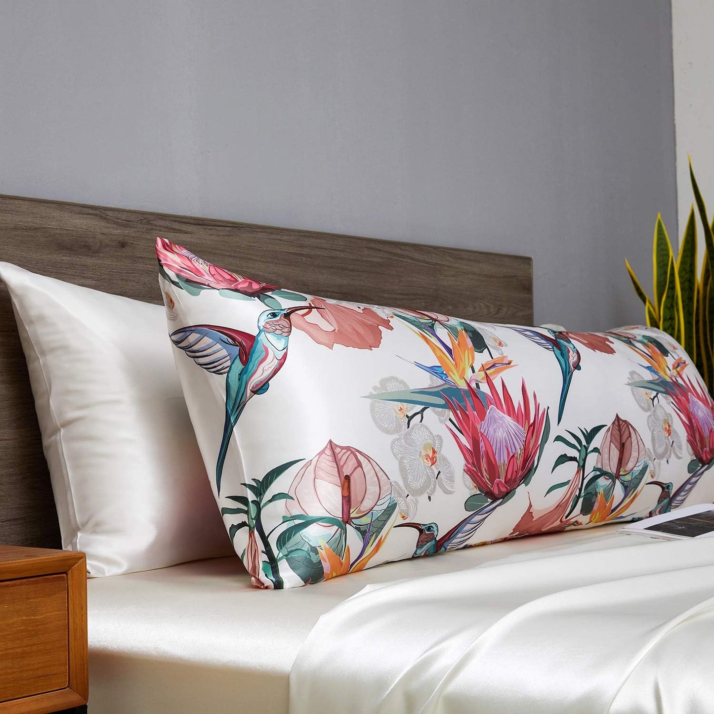 MR&HM Satin Body Pillow Cover, Soft and Breathable Body Pillow Case with Envelope Closure, Cooling and Silky Long Pillowcase for Hair and Skin,Grey (20x54, Floral Bird)